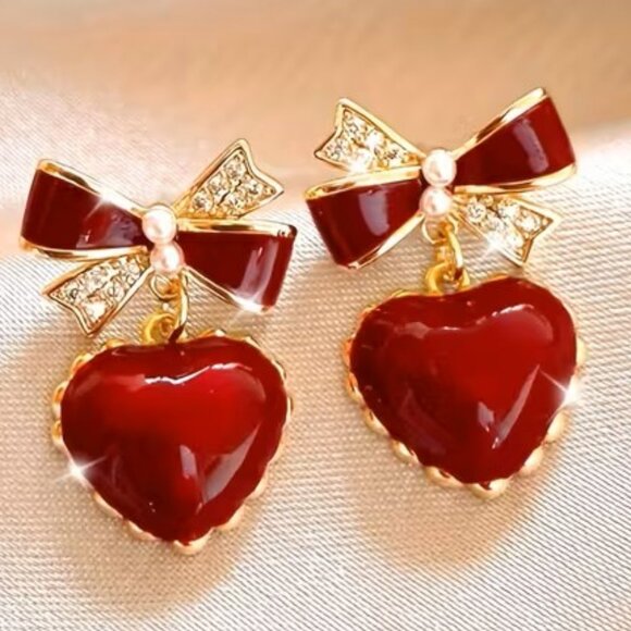 Jewelry - Red Heart & Bow Stud Earrings with Sparkling Rhinestone Accents Z91